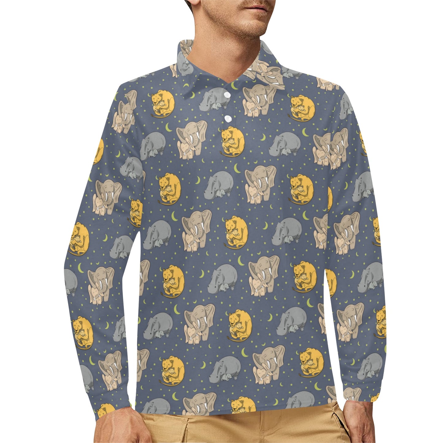 Safari Elephant Lion Print Design LKS303 Long Sleeve Polo Shirt For Men's