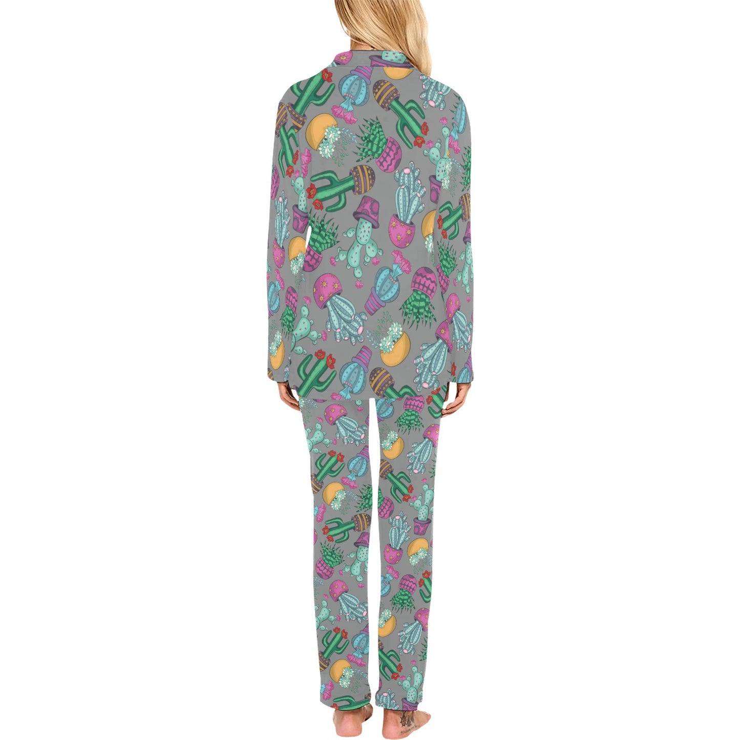 Cactus Colorful Print Pattern Women's Long Pajama Set