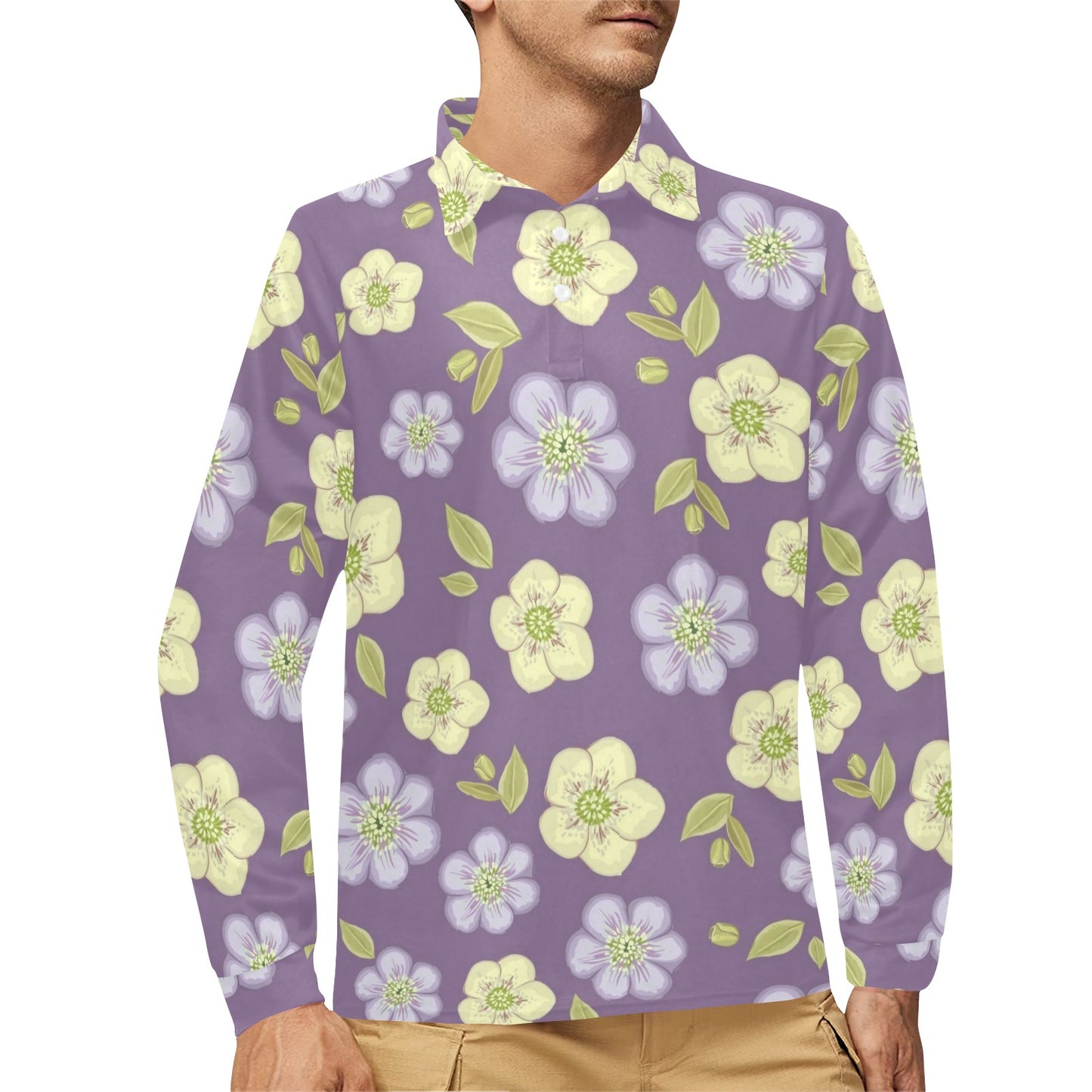 Anemone Pattern Print Design AM013 Long Sleeve Polo Shirt For Men's
