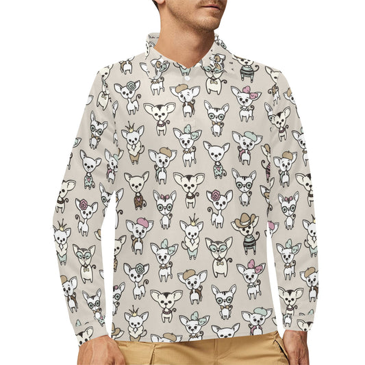 Chihuahua Pattern Print Design 02 Long Sleeve Polo Shirt For Men's