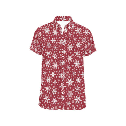 Snowflake Red Print Design LKS302 Men Short Sleeve Button Up Shirt
