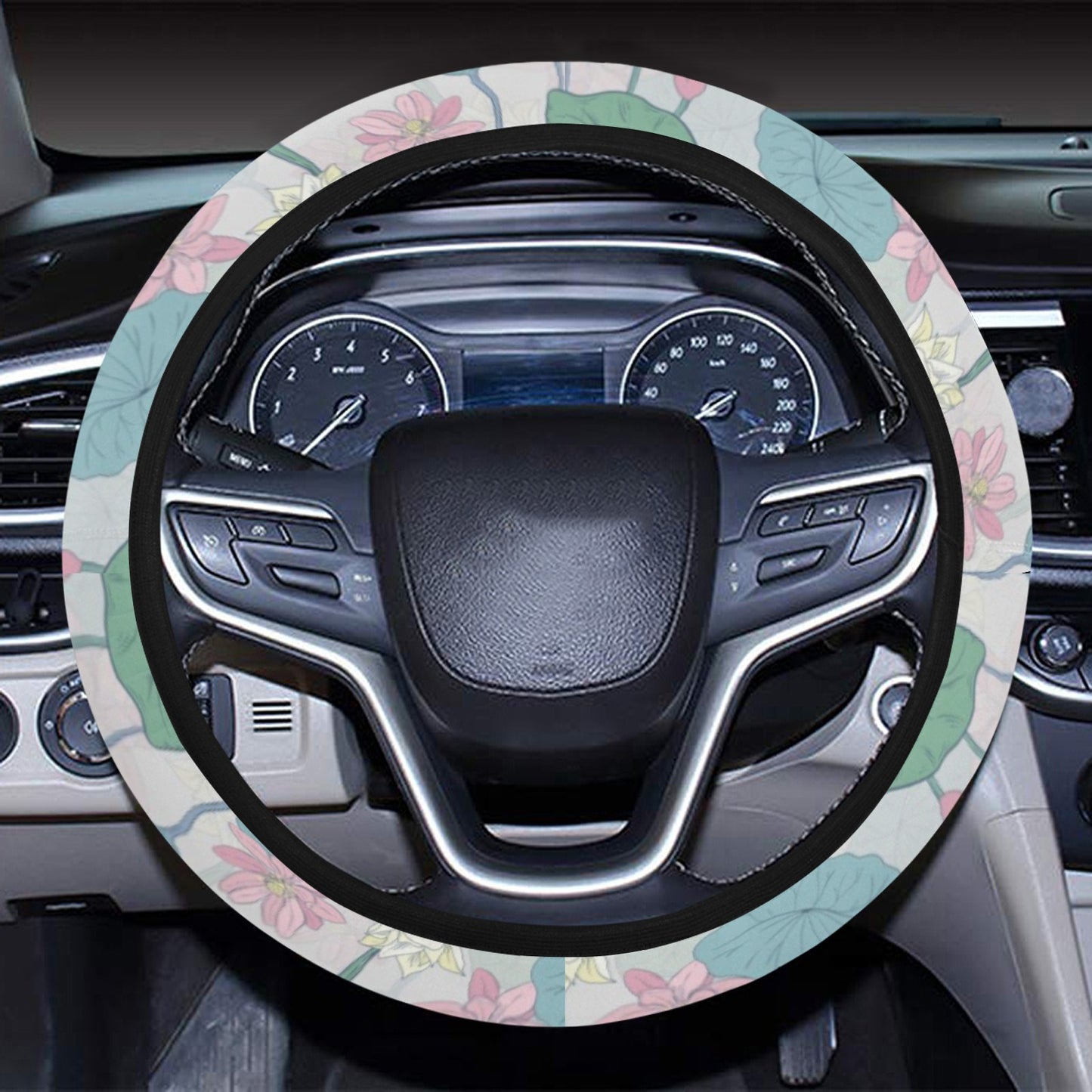 Water Lily Print Design LKS305 Steering Wheel Cover with Elastic Edge