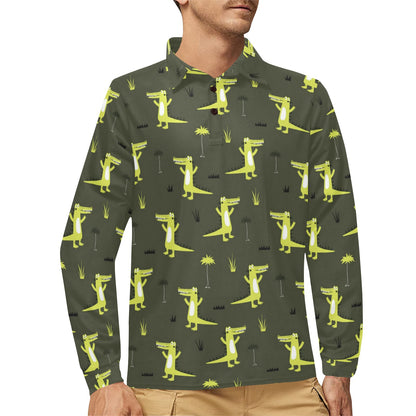 Alligator Pattern Print Design 05 Long Sleeve Polo Shirt For Men's