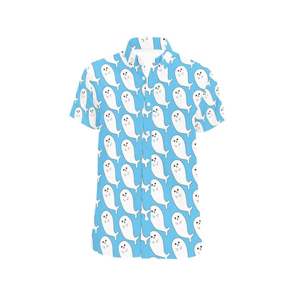 Sea Lion Print Design LKS402 Men Short Sleeve Button Up Shirt