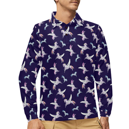 Pegasus Pattern Print Design 02 Long Sleeve Polo Shirt For Men's
