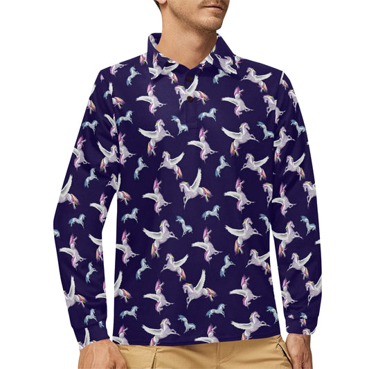 Pegasus Pattern Print Design 02 Long Sleeve Polo Shirt For Men's