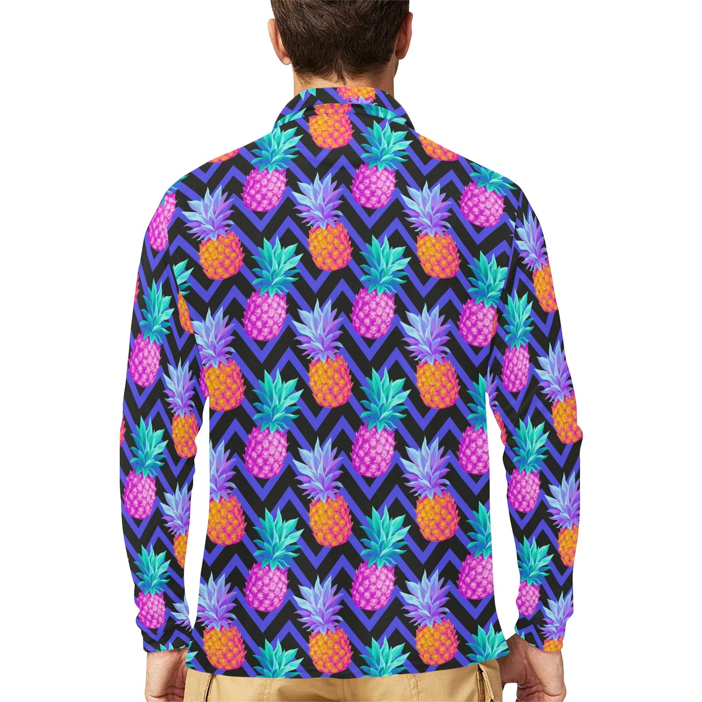 Pineapple Color Art Pattern Long Sleeve Polo Shirt For Men's