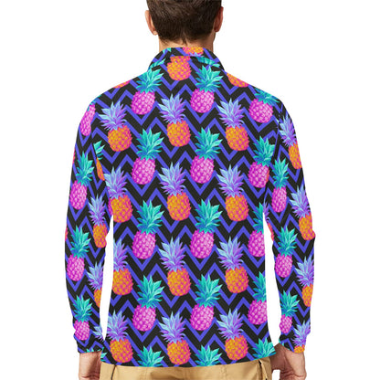 Pineapple Color Art Pattern Long Sleeve Polo Shirt For Men's
