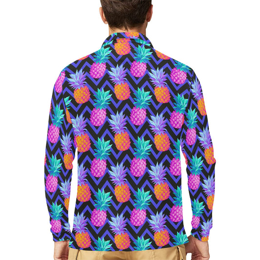 Pineapple Color Art Pattern Long Sleeve Polo Shirt For Men's