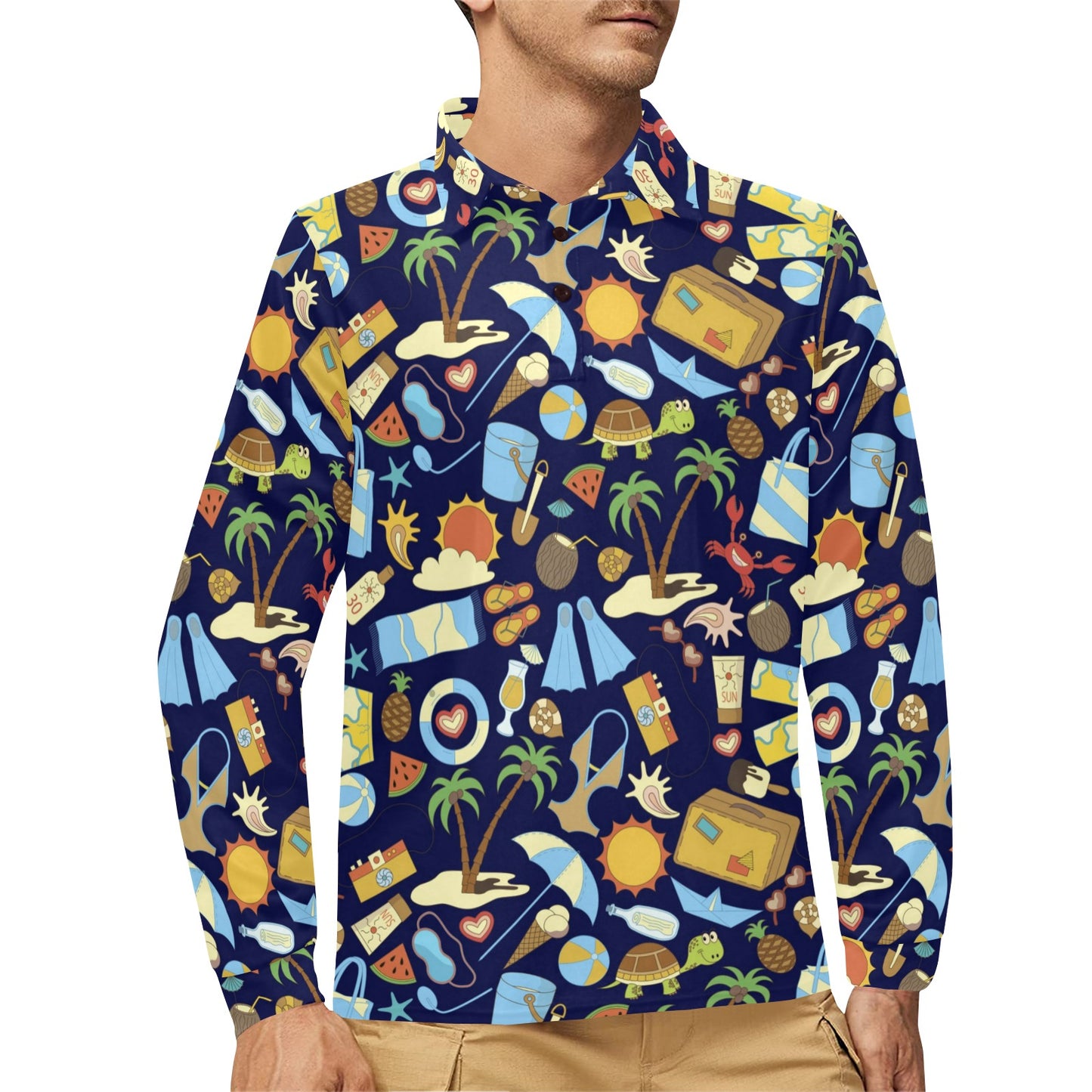 Beach Themed Pattern Print Design 04 Long Sleeve Polo Shirt For Men's