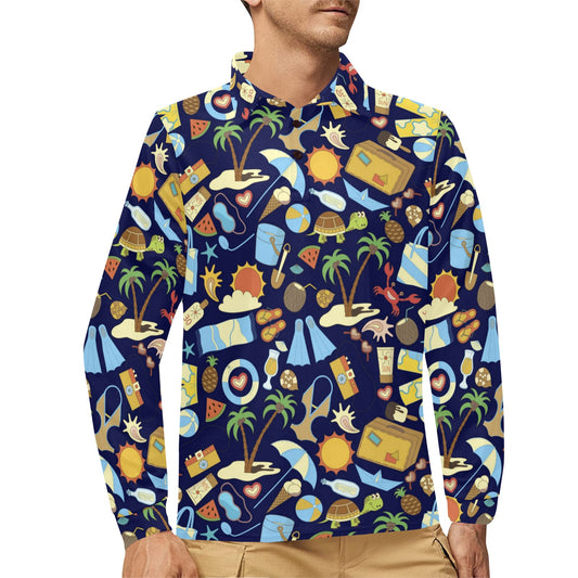 Beach Themed Pattern Print Design 04 Long Sleeve Polo Shirt For Men's