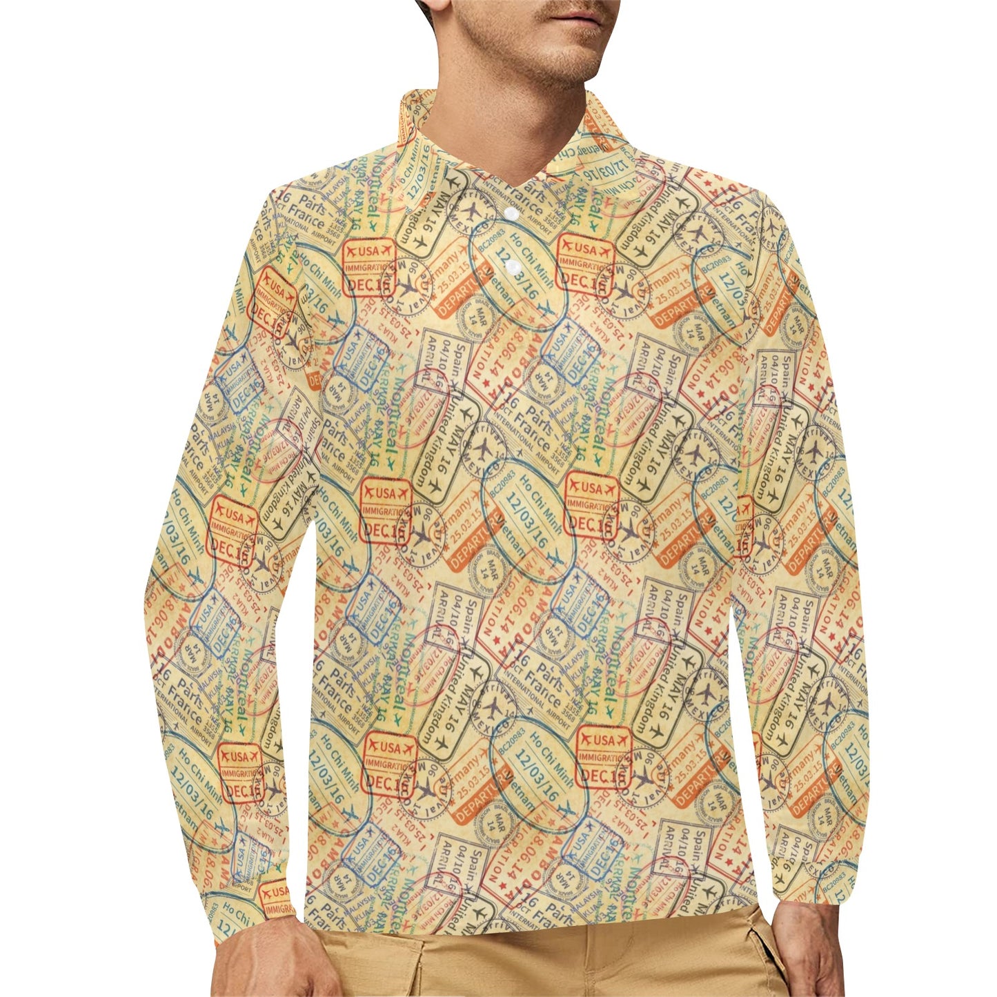 Travel Stamp Print Design LKS302 Long Sleeve Polo Shirt For Men's