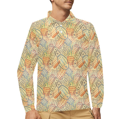 Travel Stamp Print Design LKS302 Long Sleeve Polo Shirt For Men's