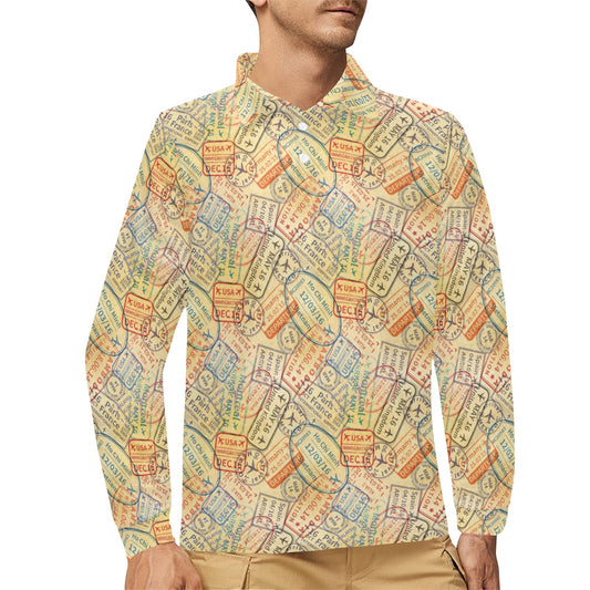 Travel Stamp Print Design LKS302 Long Sleeve Polo Shirt For Men's