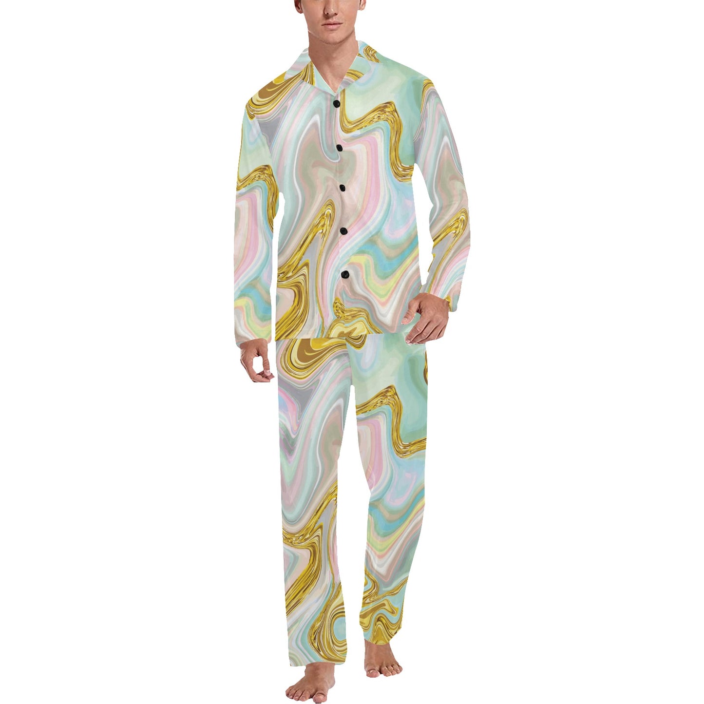 Gold Sweet Marble Men's Long Pajama Set