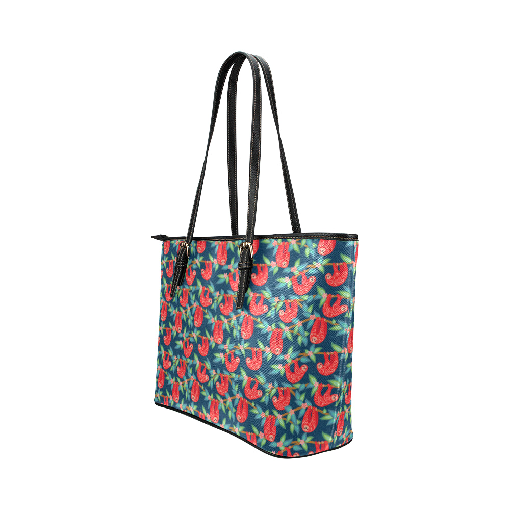Sloth Red Design Themed Print Leather Tote Bag