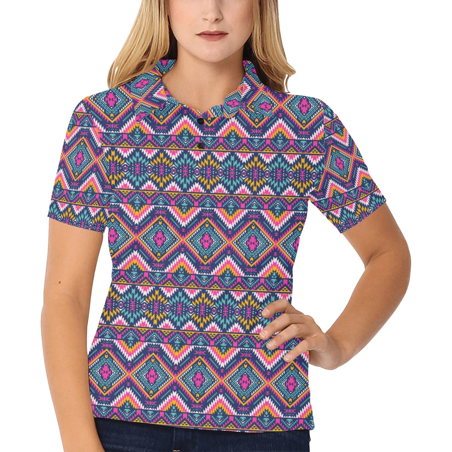 Indian Navajo Pink Themed Design Print Women's Polo Shirt