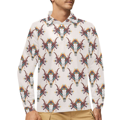 Buffalo Head Pattern Print Design 02 Long Sleeve Polo Shirt For Men's