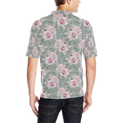 Rose White Pattern Print Design RO012 Men Polo Shirt