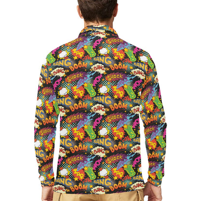 Comic Book Pattern Print Design 01 Long Sleeve Polo Shirt For Men's