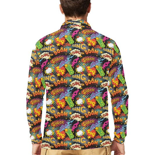 Comic Book Pattern Print Design 01 Long Sleeve Polo Shirt For Men's