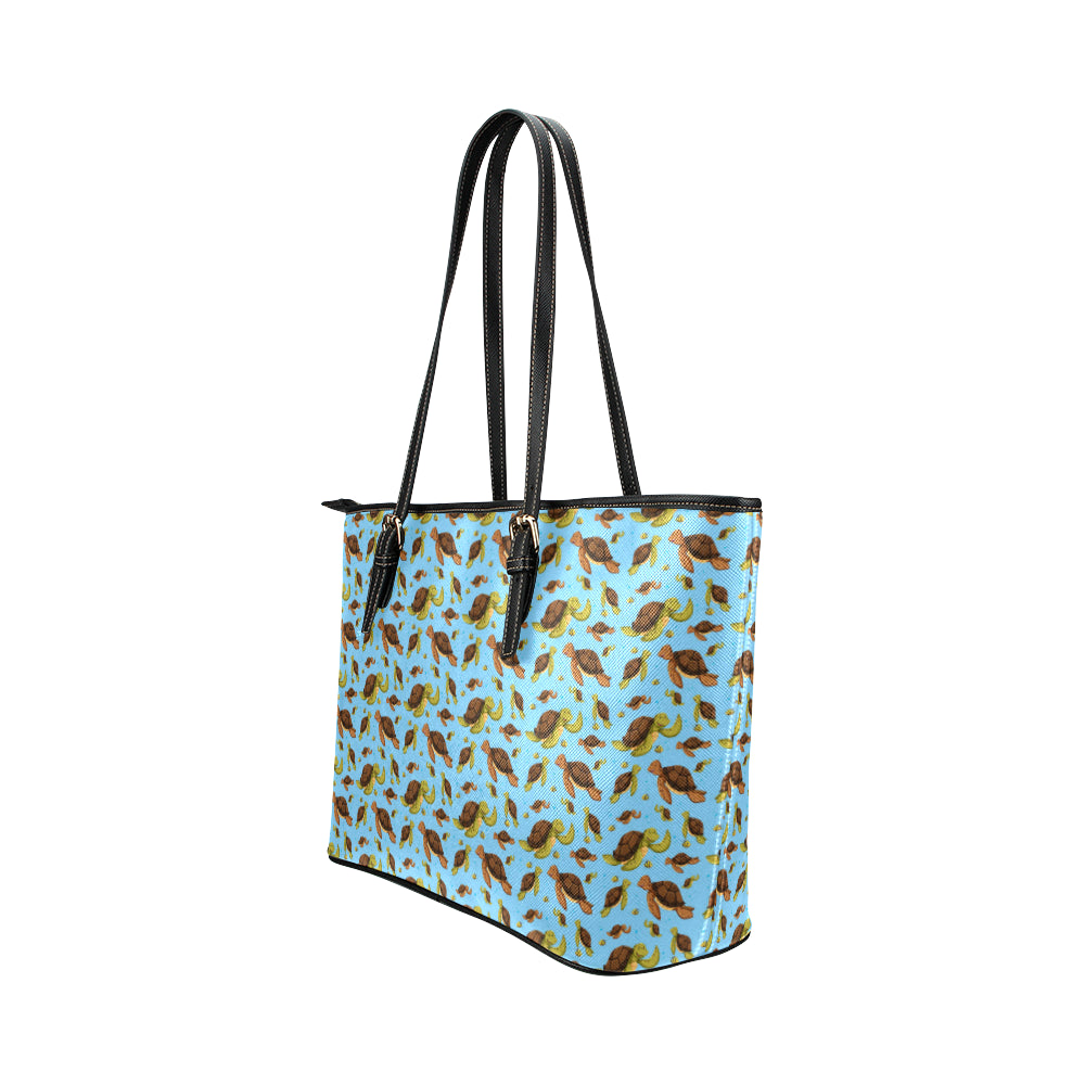 Hello Sea Turtle Print Pattern Leather Tote Bag