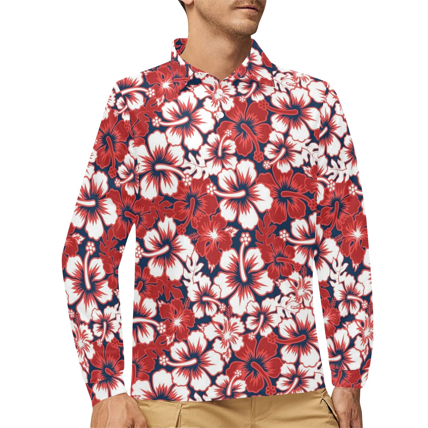 Red Hibiscus Pattern Print Design HB01 Long Sleeve Polo Shirt For Men's