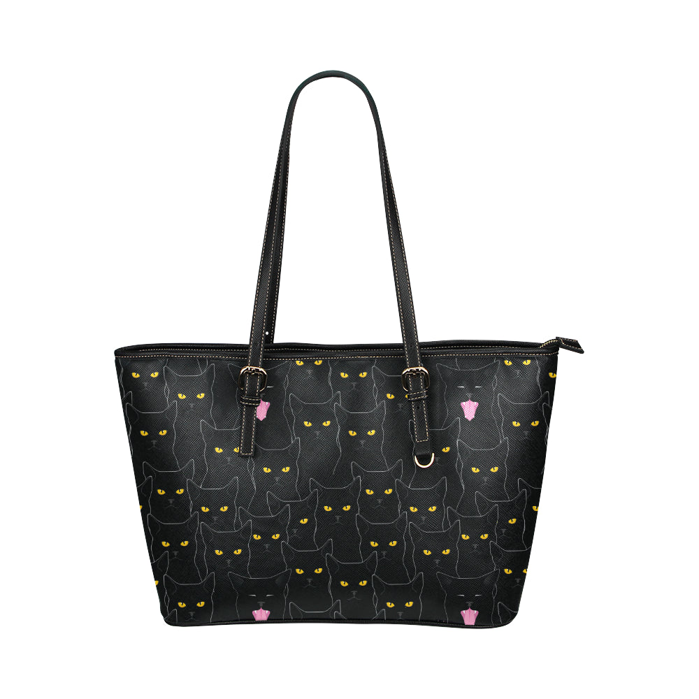 Black Cat Yellow Eyes Print Pattern Leather Tote Bag