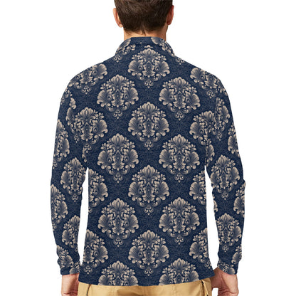 Damask Blue Luxury Print Pattern Long Sleeve Polo Shirt For Men's