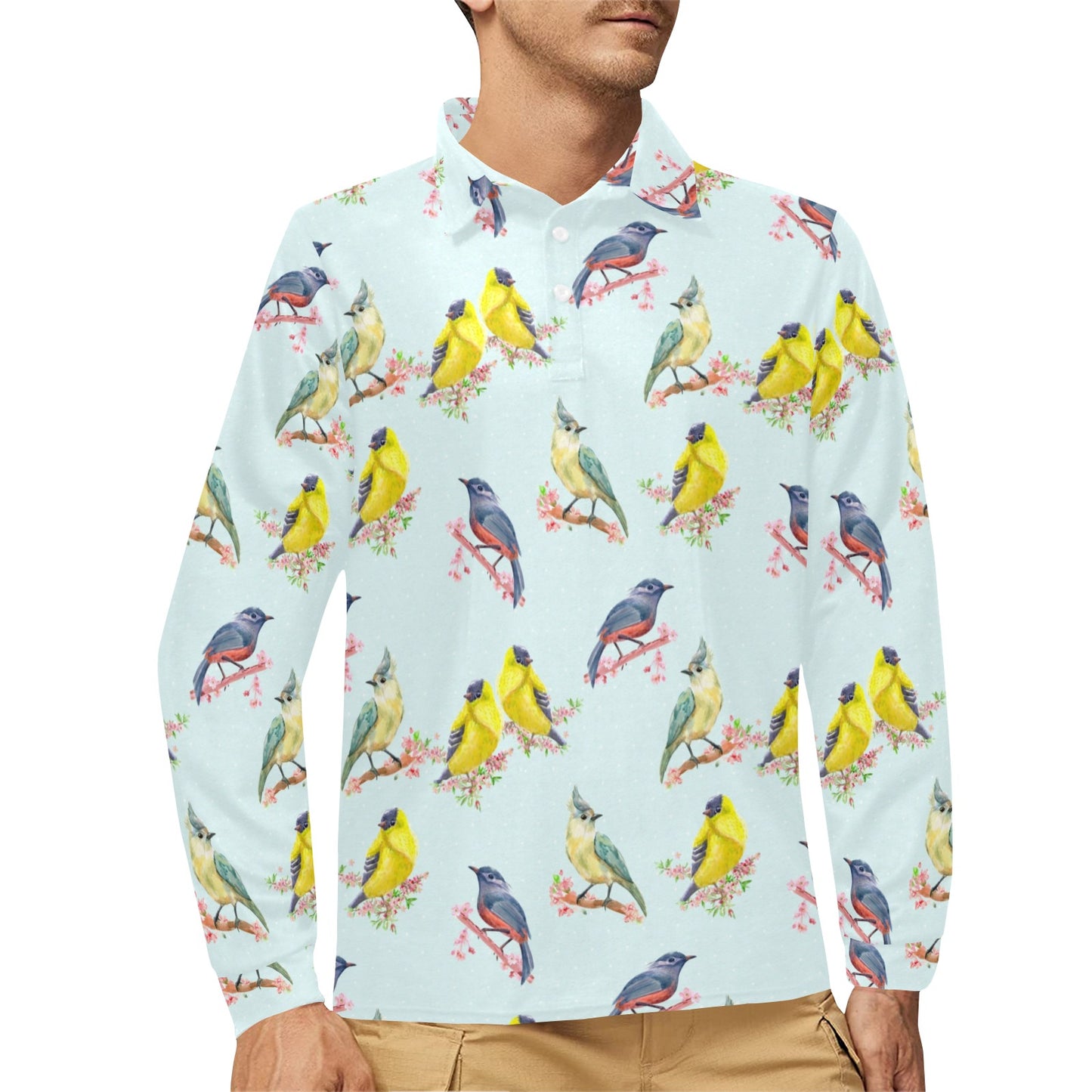 Bird Sweet Themed Print Pattern Long Sleeve Polo Shirt For Men's