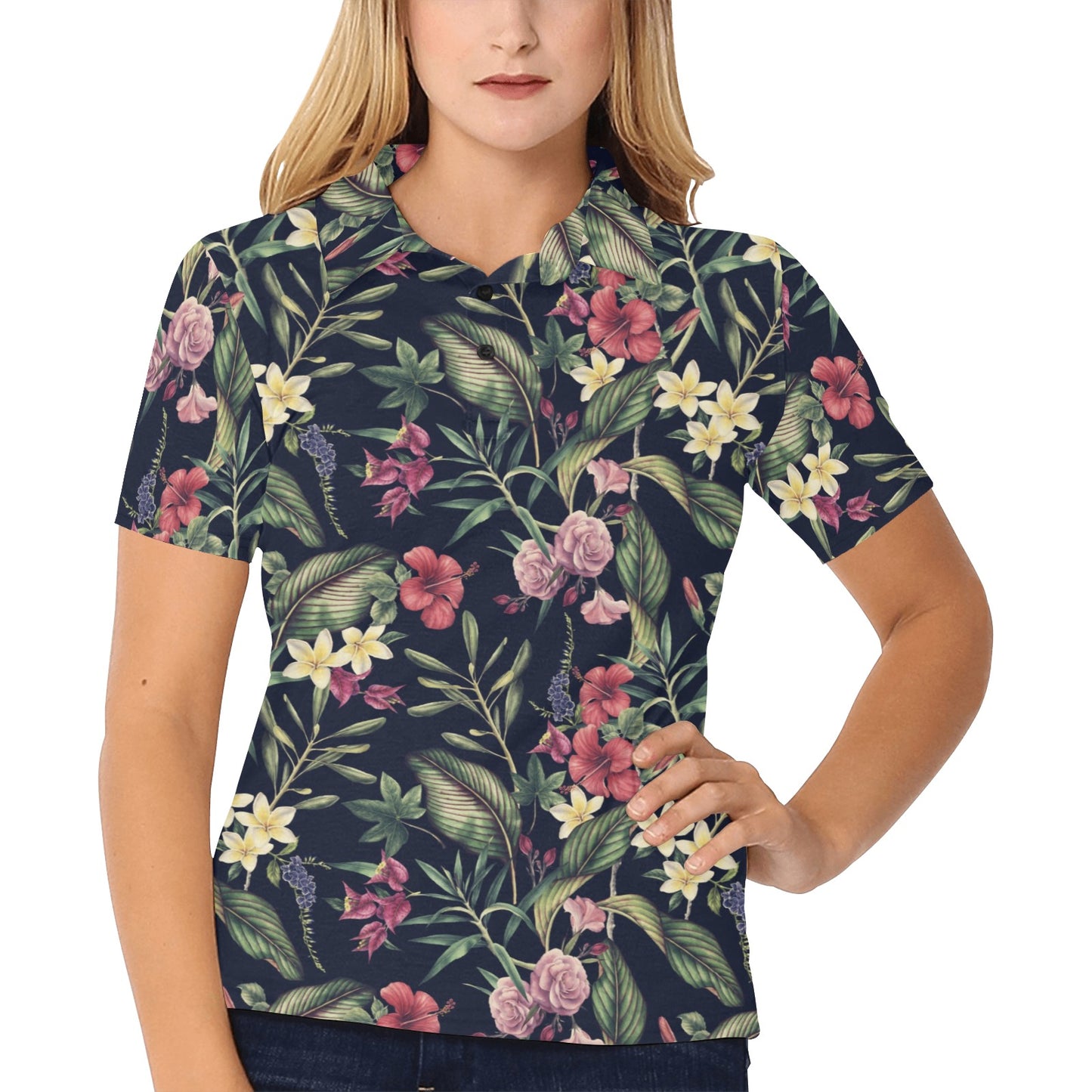 Tropical Flower Pattern Women's Polo Shirt