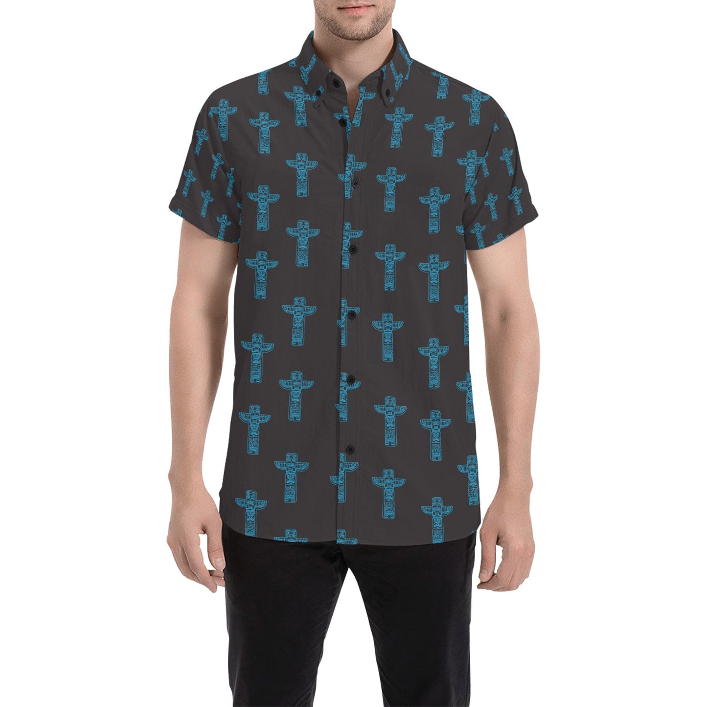 Totem Print Design LKS304 Men Short Sleeve Button Up Shirt