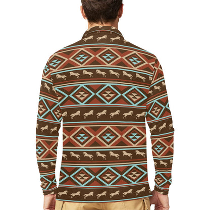 Western Horse Pattern Print LKS301 Long Sleeve Polo Shirt For Men's