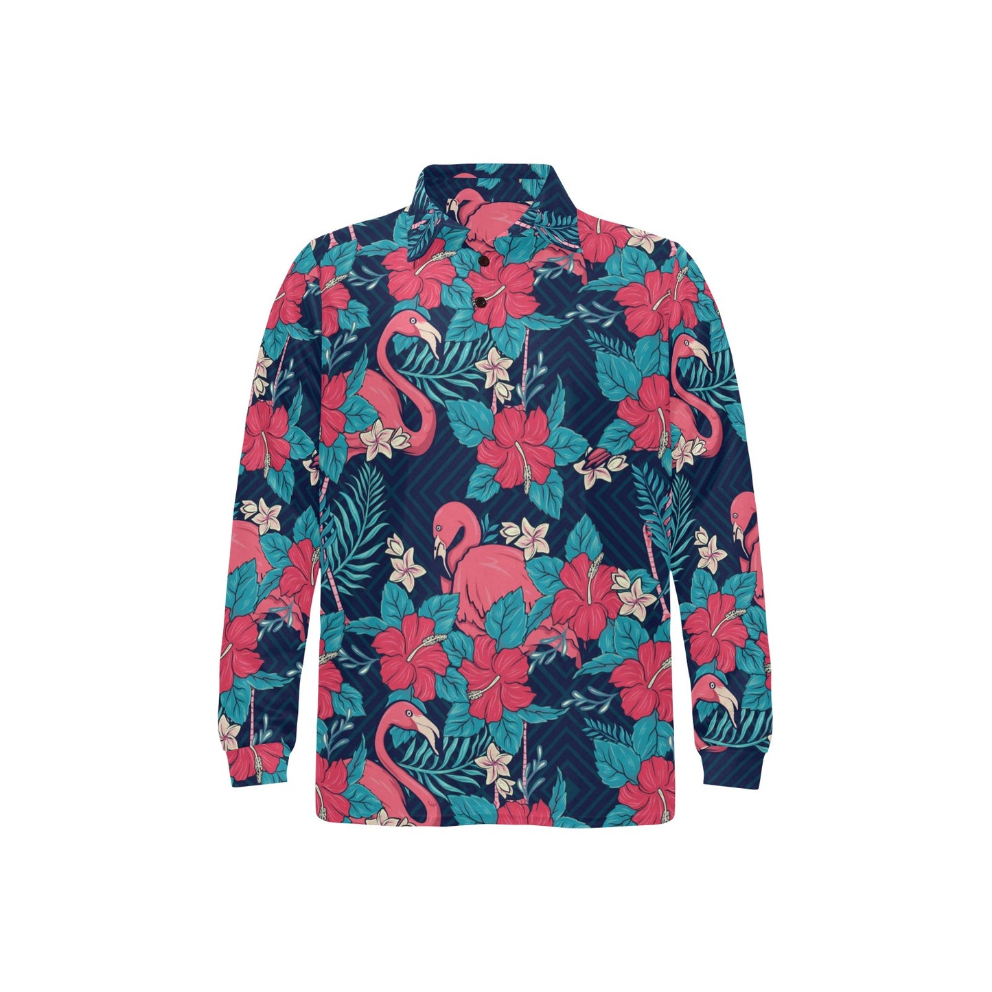 Flamingo Red Hibiscus Pattern Long Sleeve Polo Shirt For Men's