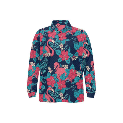 Flamingo Red Hibiscus Pattern Long Sleeve Polo Shirt For Men's