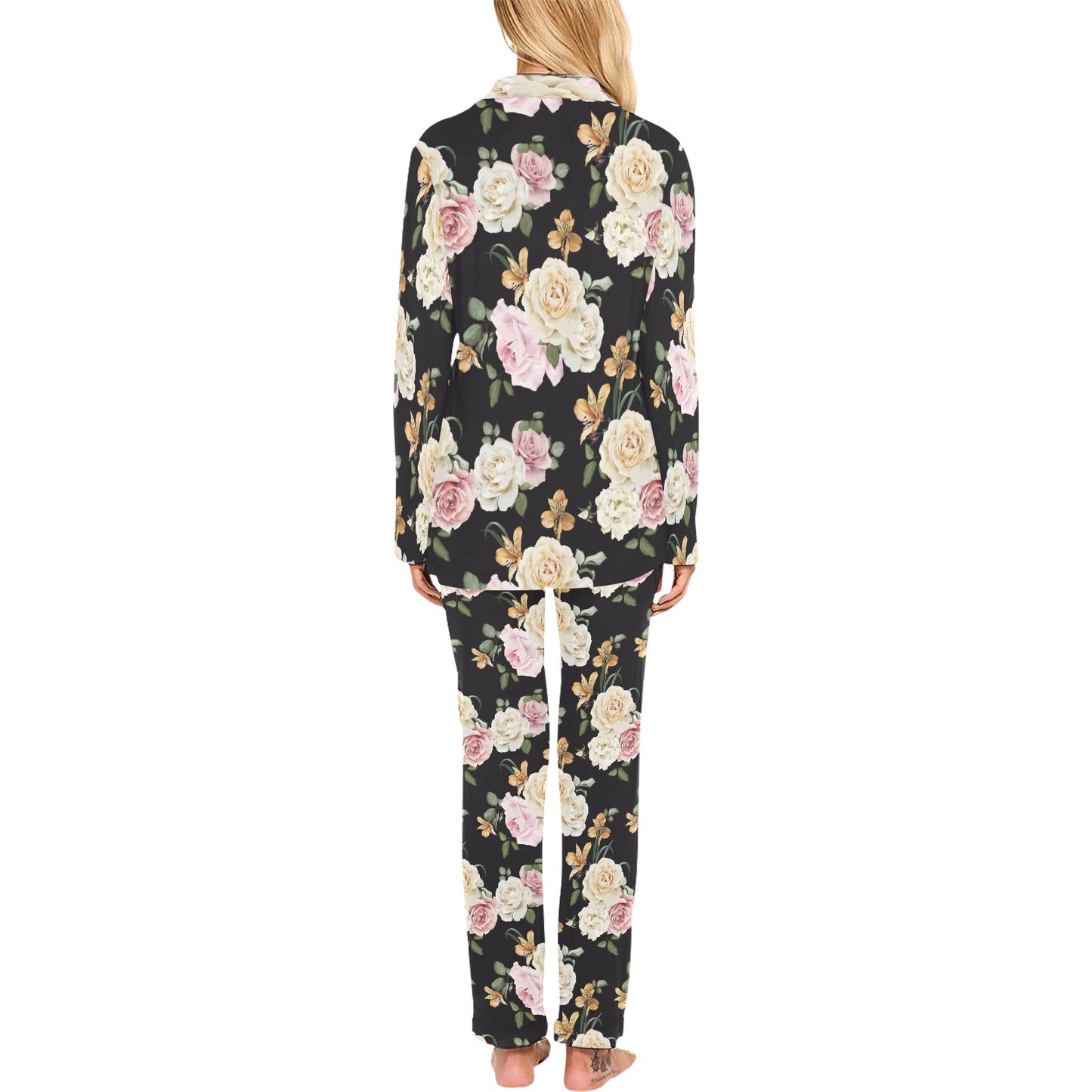Rose Pattern Print Design A01 Women's Long Pajama Set