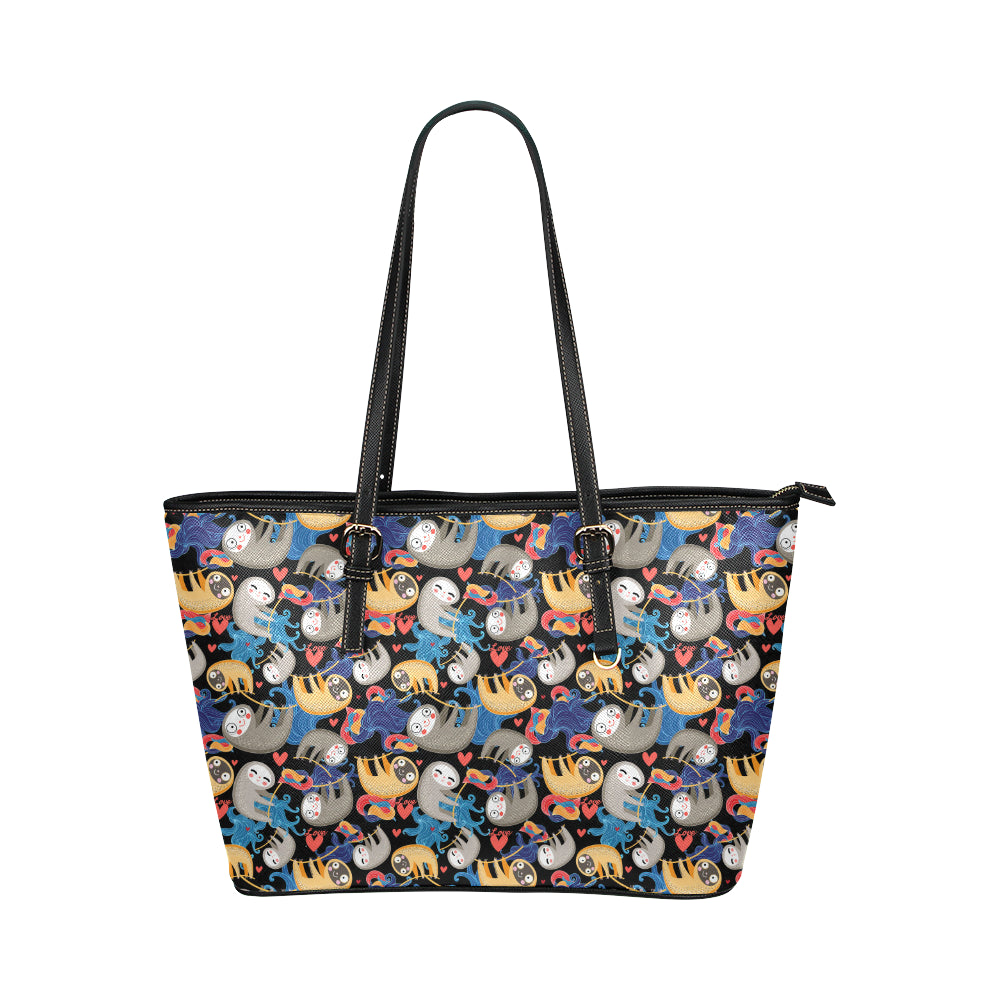 Sloth Cartoon Design Themed Print Leather Tote Bag