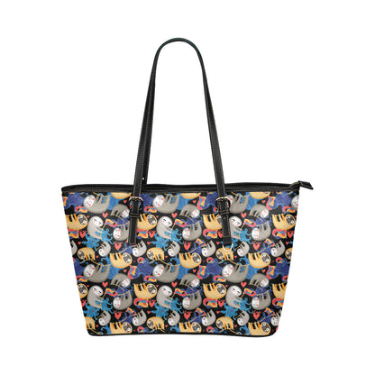 Sloth Cartoon Design Themed Print Leather Tote Bag