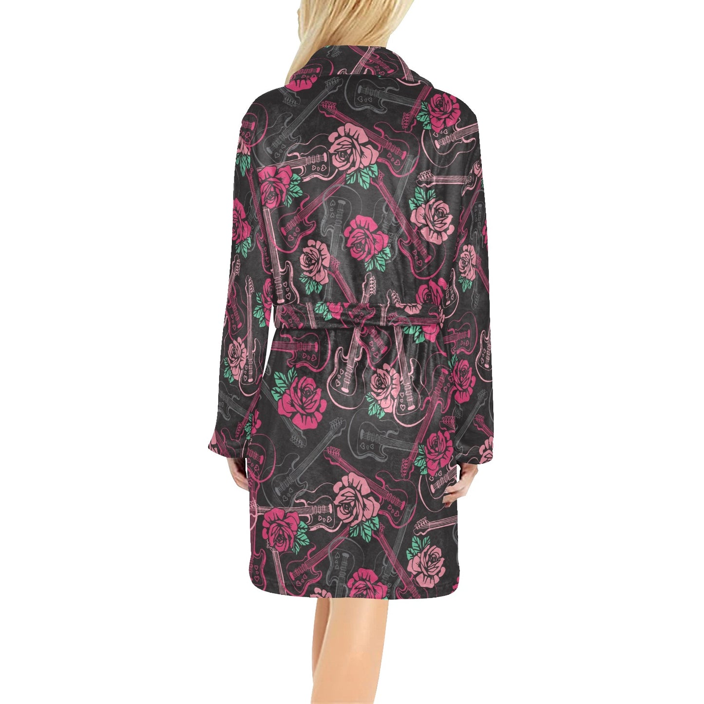 Bass Guitar Pink Rose Pattern Print Design 01 Women's Fleece Robe
