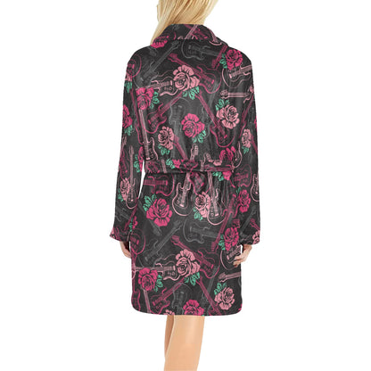 Bass Guitar Pink Rose Pattern Print Design 01 Women's Fleece Robe