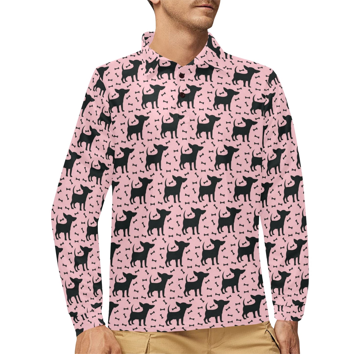 Chihuahua Pink Print Pattern Long Sleeve Polo Shirt For Men's