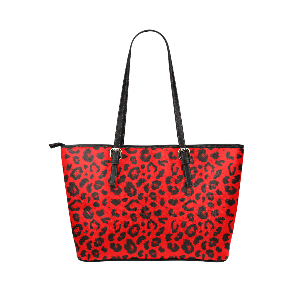 Leopard Red Skin Print Leather Tote Bag