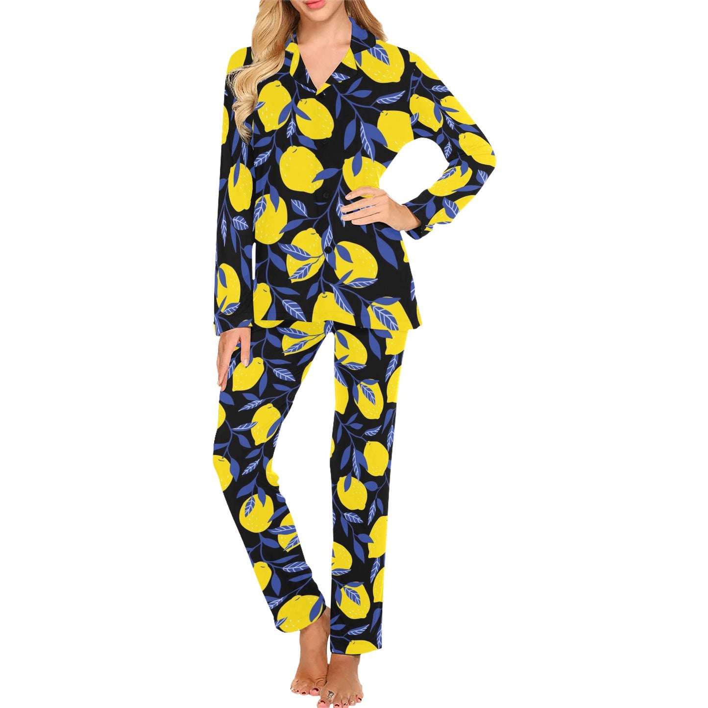 Lemon Pattern Print Design LM01 Women's Long Pajama Set