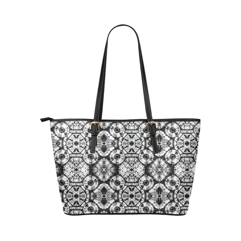 Tie Dye Black White Design Print Leather Tote Bag