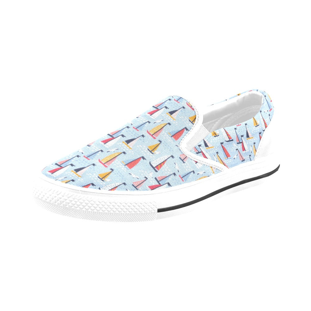 Sailboat Print Design LKS304 White Slip Ons Canvas Women's Shoes