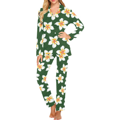 White Plumeria Pattern Print Design PM020 Women's Long Pajama Set