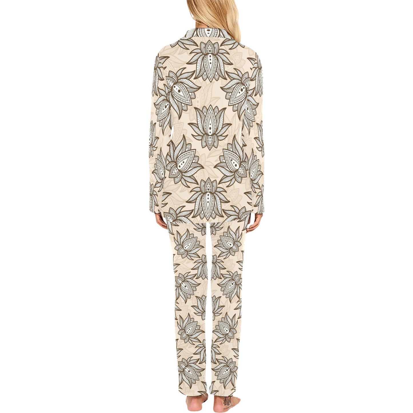 lotus Boho Pattern Print Design LO05 Women's Long Pajama Set