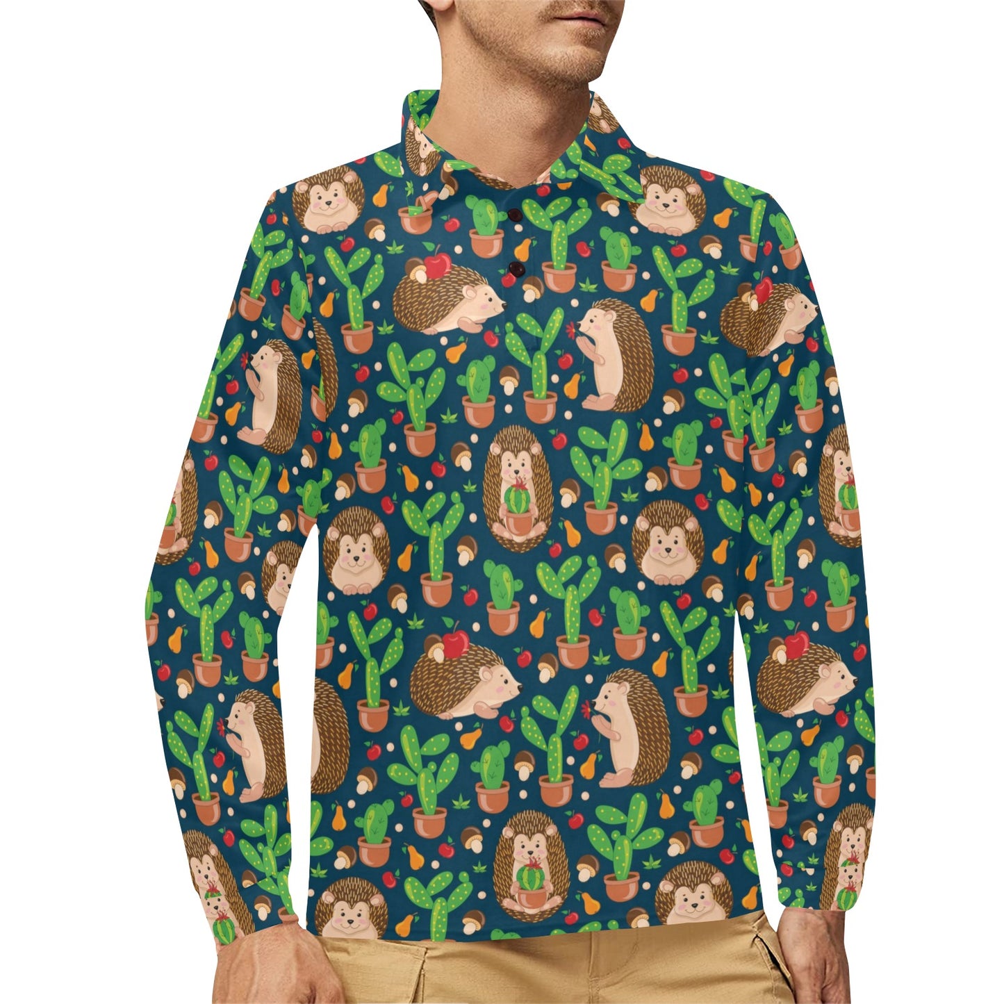 Hedgehog Cactus Pattern Print Design 04 Long Sleeve Polo Shirt For Men's