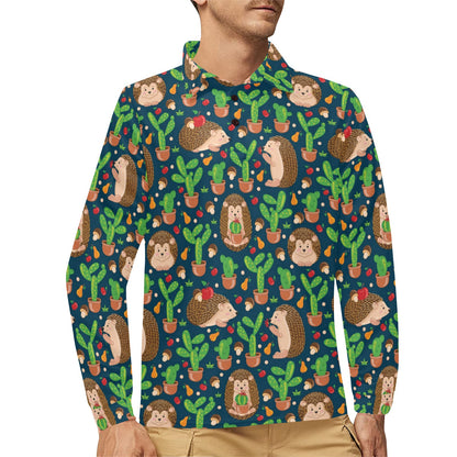 Hedgehog Cactus Pattern Print Design 04 Long Sleeve Polo Shirt For Men's