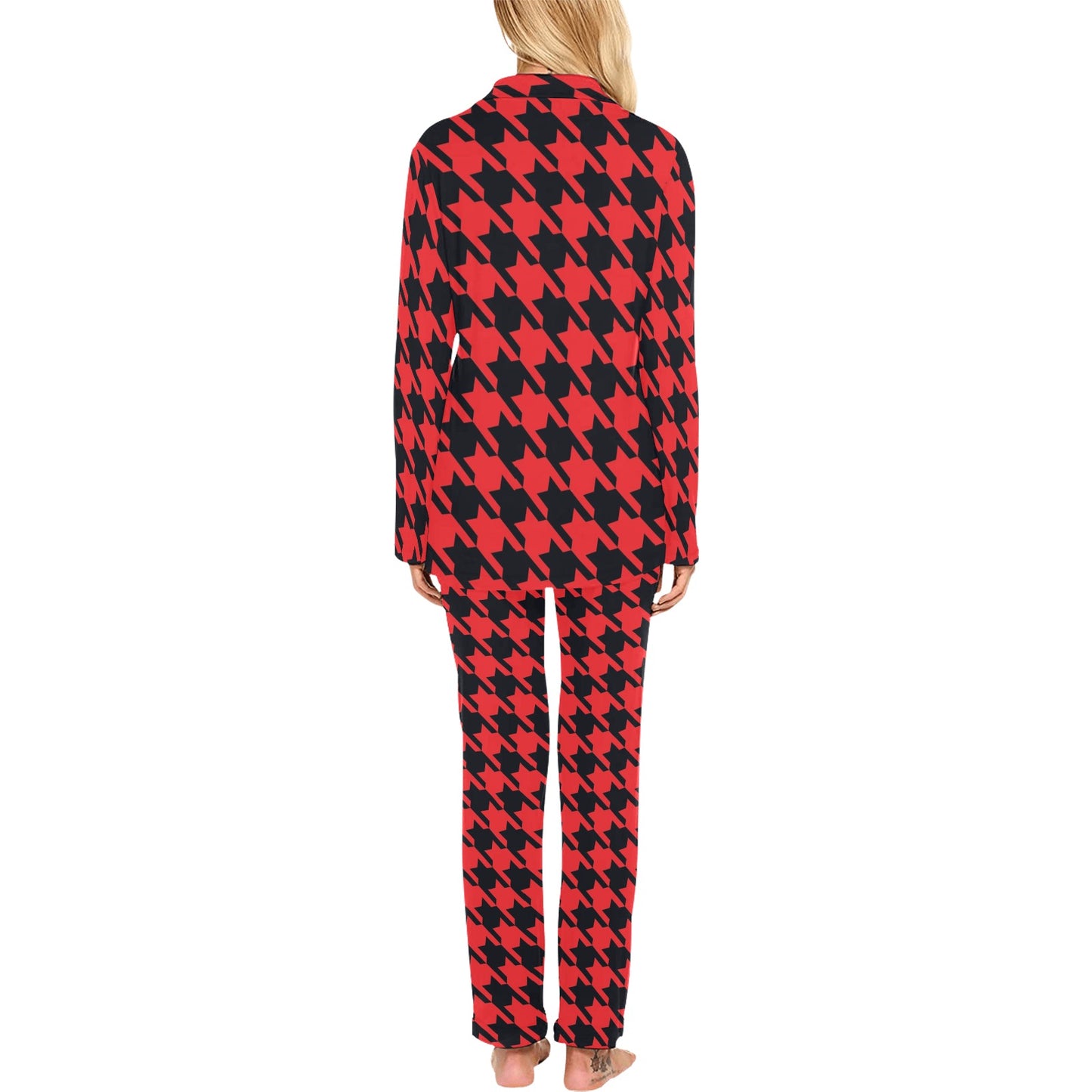 Houndstooth Red Pattern Print Design 03 Women's Long Pajama Set